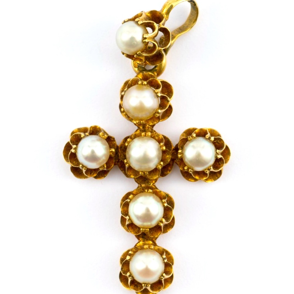 18K Gold & Pearl Pendant cross antique!